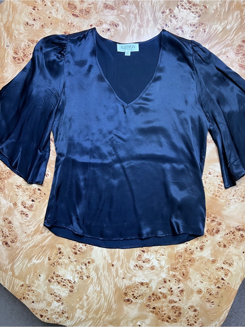 Nation Black Satin V-Neck Puff Sleeve Blouse